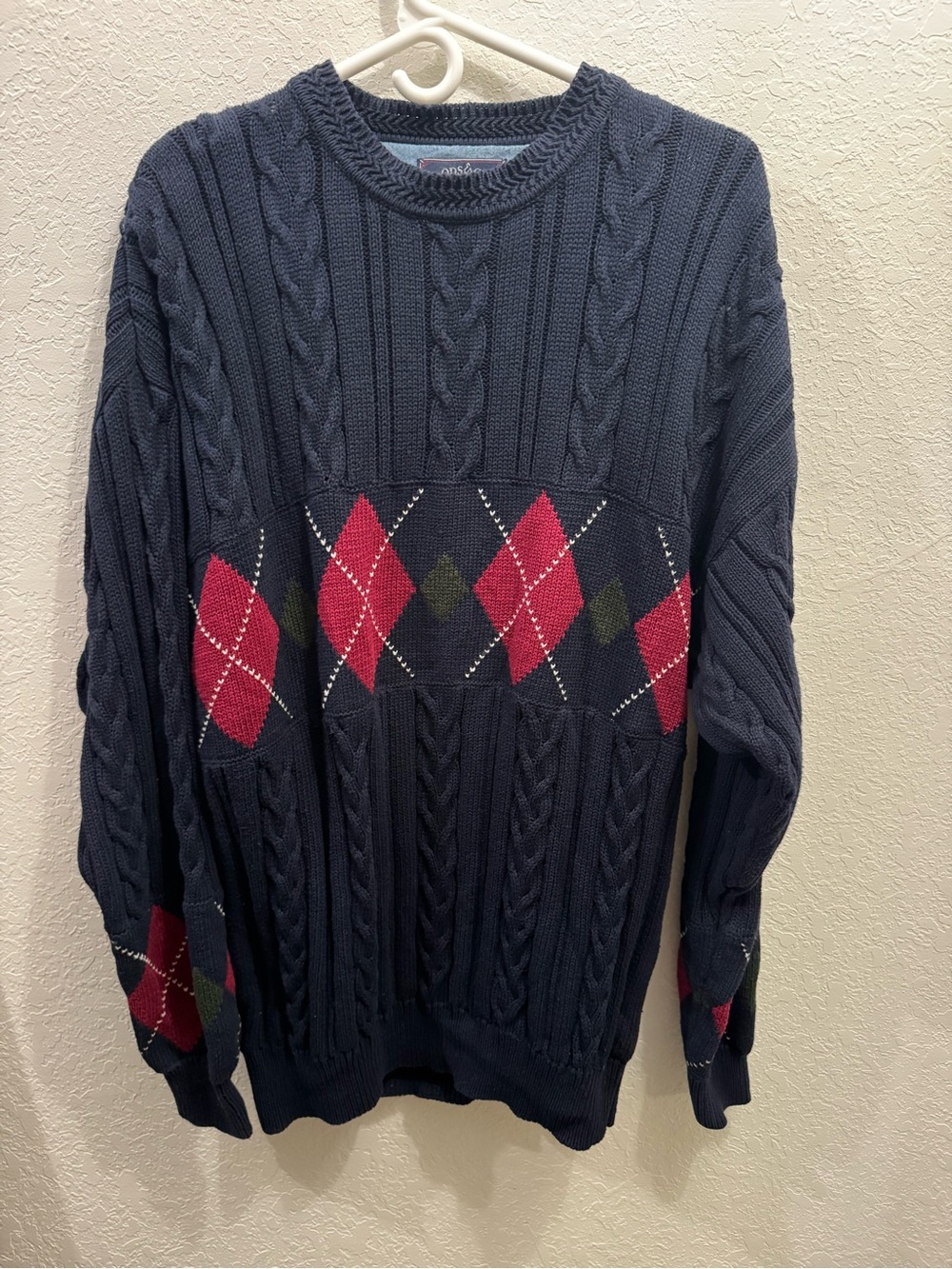 VTG Woods&Gray Argyle Fisherman MensL Cable Knit Navy Red 90sRetro Gpa Core